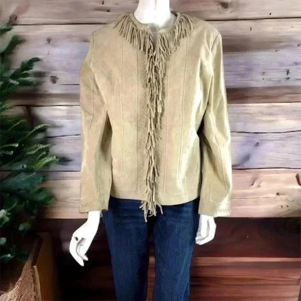 Pamela McCoy Collection Size M Oatmeal Beige Suede 100% Leather Jacket Fringe